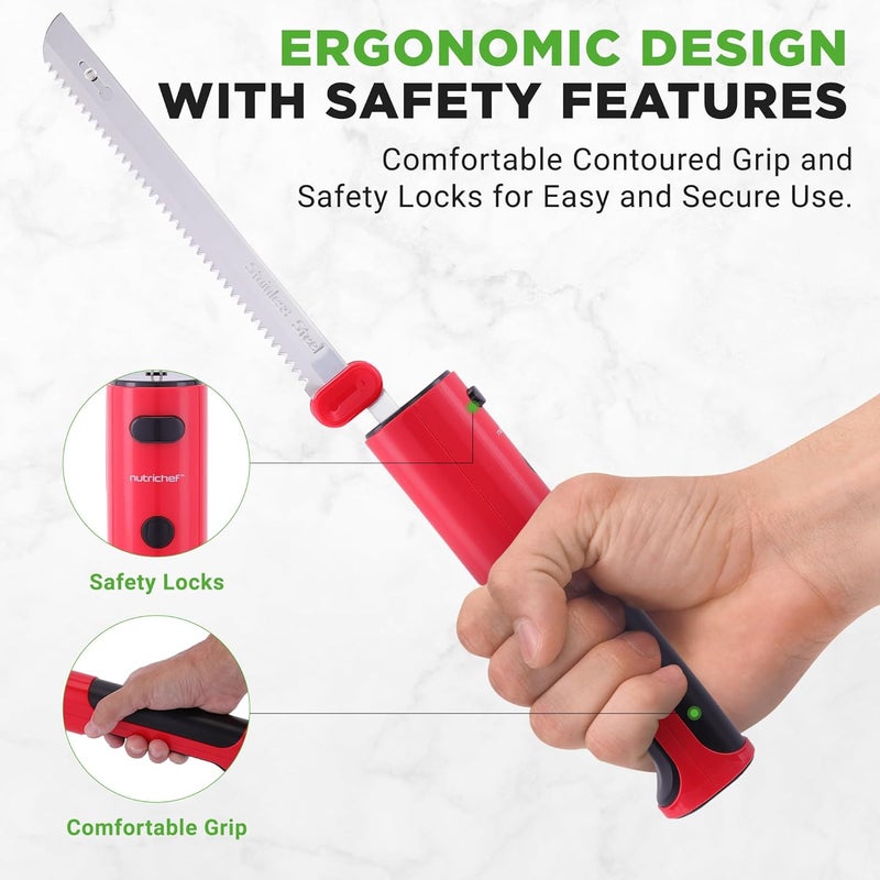 NutriChef Cordless Electric Knife | Easy to Use Constant ON/OFF Safety Function | Lightweight Kitchen Knife | Carve Turkey, Meats, Poultry, Bread & Cheese | 11.42’’ Stainless Steel Blades | Red - Image 4